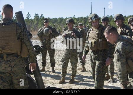 U.S. Marine Corps Brig. Le général Roger B. Turner Jr., centre-droit, parle aux Marines avec Alpha Batterie, 1er Bataillon, 10e Régiment de Marines, 2e Division de Marines (2d MARDIV), au cours d'un mortier de tir réel dans le cadre d'un exercice de tir de FIREX (1-17) sur le Camp Lejeune, N.C., le 25 janvier 2017. FIREX 1-17 est un exercice de niveau bataillon conçu pour permettre à plusieurs batteries de s'entraîner ensemble afin d'améliorer les procédures normales d'exploitation internes. Banque D'Images