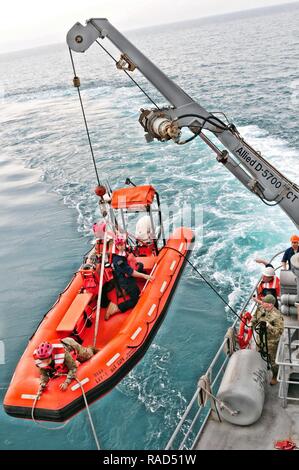 BASE NAVALE, le Koweït Koweït- plus de 30 marins de l'armée est engagée dans une mission de transport à bord du navire de soutien logistique de l'armée, le général Charles P. Gross du Koweït sur la base navale, le 19 janvier 2017. Les mariners transporté une cargaison à Qatar du port de Shuaiba, Koweït et transporté une autre charge pendant le retour.Alors que les Mariners en cours pratiqué plusieurs exercices d'intervention d'urgence maritime y compris l'homme à la mer, le feu, et les exercices de combat. L'équipage était composé de conducteurs de motomarine, ingénieurs, cuisiniers, infirmiers et cependant chaque membre est formé pour effectuer plusieurs tâches en dehors de la portée de t Banque D'Images