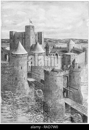 Gravure d'un château du 12ème siècle. À partir d'une illustration originale dans le propre rapport annuel 1925 garçons. Banque D'Images