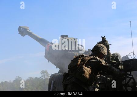 Exécuter une mission de tir marines tout en utilisant un obusier M777 lors d'un exercice d'entraînement à Camp Lejeune, N.C., Mar, 1, 2017. Par le biais de répétitions de tirer les Marines ont amélioré leur état de préparation au combat, aider à la 2e Division de marines et de maximiser son efficacité sur le champ de bataille. Les marines sont attribuées à des artilleurs du 2e Bataillon, 10e Batterie Marine. (Marine Corps Banque D'Images