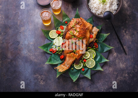 Poisson frit style thaï à la noix de coco riz, salade et sauce épicée, copy space Banque D'Images