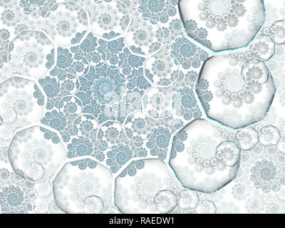 Flocons de neige fractal. Fond d'hiver avec des flocons formant des motifs en spirale sur fond bleu Banque D'Images