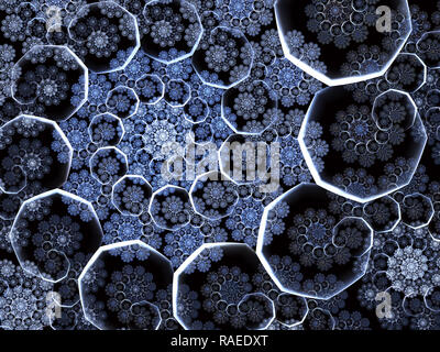 Flocons de neige fractal. Fond d'hiver avec des flocons formant des motifs en spirale sur fond bleu Banque D'Images