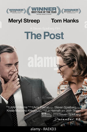 La Poste (2017) réalisé par Steven Spielberg et mettant en vedette Meryl Streep, Tom Hanks, Sarah Paulson et Matthew Rhys. La véritable histoire de Katharine Graham, éditeur du Washington Post, et la lutte du journal de publier les documents du Pentagone sur les politiques et militaires US par Daniel Ellsberg en 1971. Banque D'Images