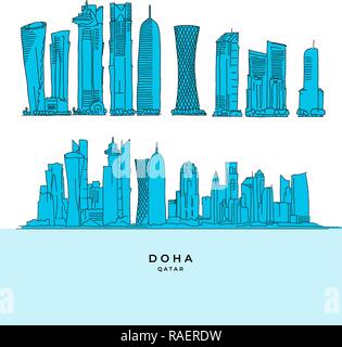 Doha Qatar ensemble gratte-ciel. Vector illustration dessinée à la main. Célèbre série de destinations de voyage. Illustration de Vecteur