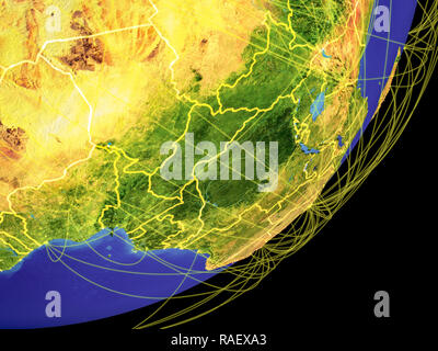 L'Afrique centrale à partir de l'espace sur la planète Terre avec des frontières du pays et des liaisons internationales représentant les voyages, la communication. 3D illustration. Elem Banque D'Images