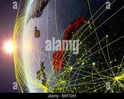La Norvège à partir de l'espace sur le modèle de terre pendant le coucher du soleil avec réseau international. Concept de communication numérique ou les voyages. 3D illustration. Éléments de Banque D'Images