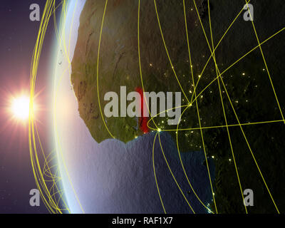 Le Togo à partir de l'espace sur le modèle de terre pendant le coucher du soleil avec réseau international. Concept de communication numérique ou les voyages. 3D illustration. Éléments de t Banque D'Images