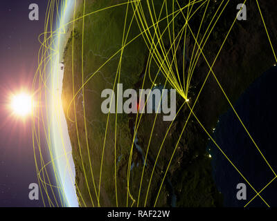 Le Rwanda à partir de l'espace sur le modèle de terre pendant le coucher du soleil avec réseau international. Concept de communication numérique ou les voyages. 3D illustration. Éléments de Banque D'Images