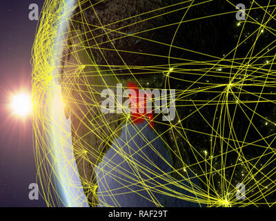 Le Bangladesh à partir de l'espace sur le modèle de terre pendant le coucher du soleil avec réseau international. Concept de communication numérique ou les voyages. 3D illustration. Element Banque D'Images