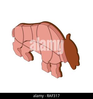 Coupe de viande buffalo isométriques. Système de lignes silhouette Bison différentes parties de la viande. Comment couper la chair taureau. Schéma de la viande de boucherie de l'affiche de grands magasins. Illustration de Vecteur