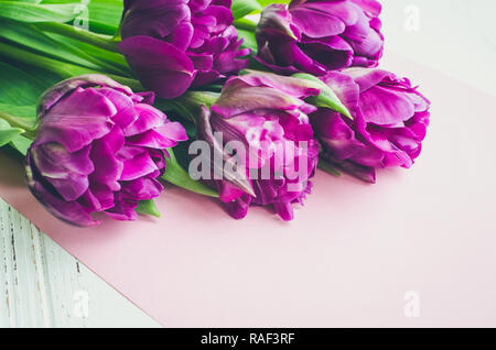 Fleurs tulipe Ultraviolet sur shabby chic blanc table en bois avec place pour le texte. Bouquet de tulipes au printemps violet. Heureuse Fête des Mères. N internationale Banque D'Images