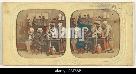 Scène de genre : les gens dans la discussion autour de la table, une femme avec bonnet, fusil appuyé contre la table, E. Lamy (Français repensé Banque D'Images