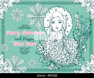 Joyeux Noël et Bonne Année 2020 Carte postale Horizontal avec la main Esquisses l'ornement et la neige d'hiver Fille de jeune fille. Flocons de vecteur et le lettrage tient avec cadre Illustration de Vecteur