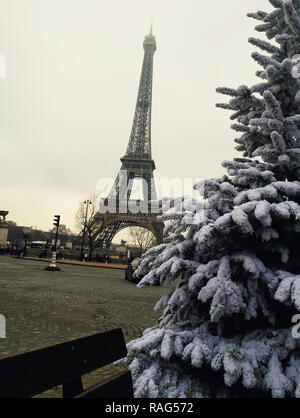 Couvert de neige des branches de sapin, arbre de Noël fermer jusqu'en face de la Tour Eiffel à Paris, France. Banque D'Images