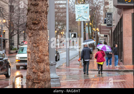 Un couple sont la marche sur le trottoir avec des parasols au cours de la pluie dans le centre-ville de Portland, Oregon, United States. Banque D'Images