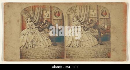 Genre : Homme essayant de tenir la main de femme en robe cerceau, vers 1865, à l'albumine argentique. Repensé Banque D'Images