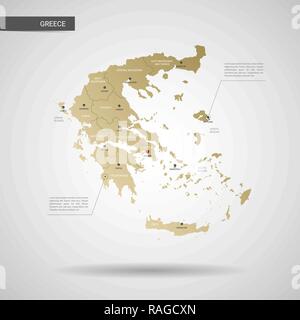 Stylized vector Greece map.  Infographic 3d gold map illustration with cities, borders, capital, administrative divisions and pointer marks, shadow; g Illustration de Vecteur