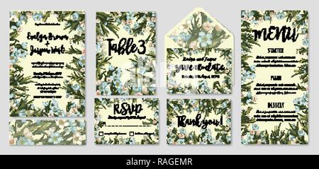 Inviter de mariage, menu, rsvp, merci label enregistrer la carte date d'enveloppe. Conception avec cire blanc et bleu de fleurs, feuilles vertes. Mignon vecteur deli rustique Illustration de Vecteur