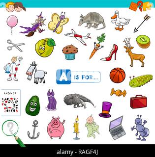 Cartoon Illustration de trouver Photo commençant par lettre un cahier de jeux éducatif pour les enfants Illustration de Vecteur