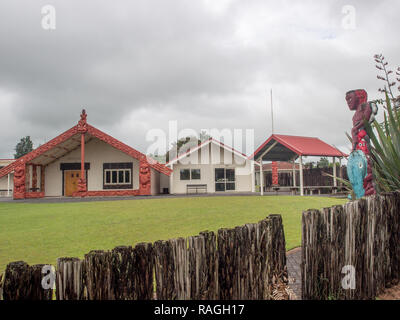 Des Ngati Kahungunu Marae Pouakani o, Wairarapa avec whare whakairo Tamatea Pokai Whenua, Mangakino, district du lac Taupo, Nouvelle-Zélande Banque D'Images