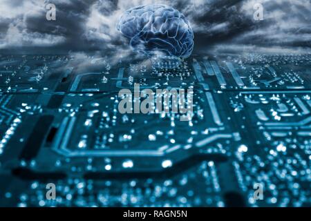 L'intelligence artificielle, conceptual image composite. Cerveau humain et l'ordinateur de circuit imprimé. Banque D'Images