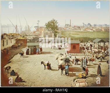 Tollyard au pont avec le bétail et les produits agricoles, Le Caire, Égypte, l'octroi au pont du Nil no 2 Basse repensé Banque D'Images