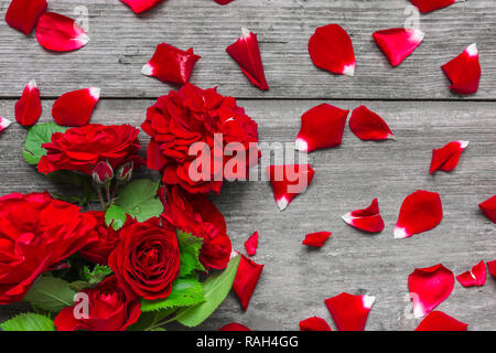 Roses rouges fleurs bouquet de pétales sur table en bois rustique. valentines day ou journée femmes fond. Télévision. Vue de dessus Banque D'Images