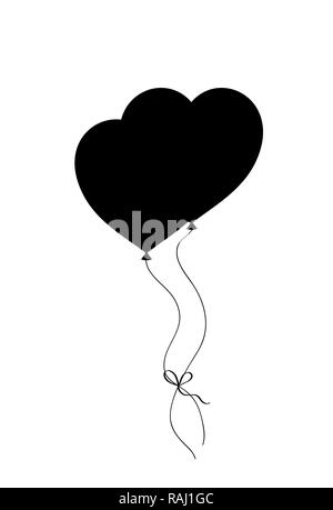 Silhouette noire paire de délimité en forme d'coeur ballons d'hélium isolé sur fond blanc. illustration, icône, logo, clip art, élément de décor, symbo Banque D'Images