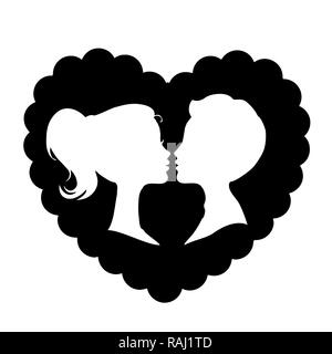 Silhouettes blanches de couple aimant isolé sur fond noir à l'intérieur du cadre en forme de coeur bouclés. Illustration monochrome, icône, symbole, d'un signe d'amour Banque D'Images