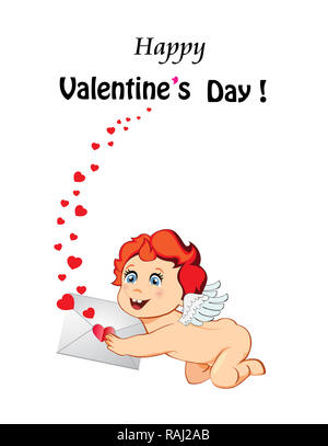 Valentines Day Greeting card avec cute cartoon bébé Cupidon, Ange, amour personnage avec ailes blanches holding lettre d'amour sur fond blanc avec de nombreux r Banque D'Images