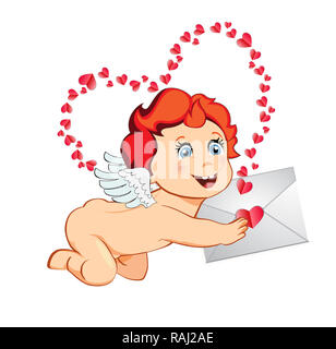 Cute cartoon bébé Cupidon, Ange, amour avec ailes blanches holding lettre d'amour isolé sur fond blanc avec de nombreux coeurs rouges autour. Caractère pour Val Banque D'Images