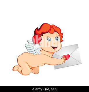 Cute cartoon Cupidon ou ange au gingembre cheveux et ailes blanches holding enveloppe en mains isolé sur fond blanc. Le caractère de carte de souhaits sur des VA Banque D'Images