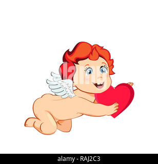 Cute cartoon Cupidon ou ange au gingembre et cheveux ailes blanc coeur rouge holding en mains isolé sur fond blanc. Le caractère de carte de souhaits sur V Banque D'Images