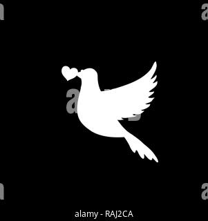 Silhouette blanche de flying pigeon au cœur de bec sur fond noir. Colombe de la paix. Concept d'amour, signe d'oiseaux, illustration pour mariage, Valen Banque D'Images