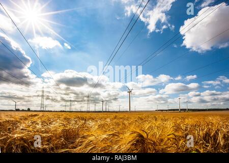 Les éoliennes, l'énergie éolienne, l'usine d'éoliennes, de lignes à haute tension, à Meerhof, Rhénanie du Nord-Westphalie Banque D'Images