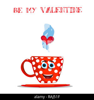 Be My Valentine card with cute cartoon tasse fumante rouge avec motif à pois blancs et visage souriant. illustration, love clip art, carte de vœux, Banque D'Images