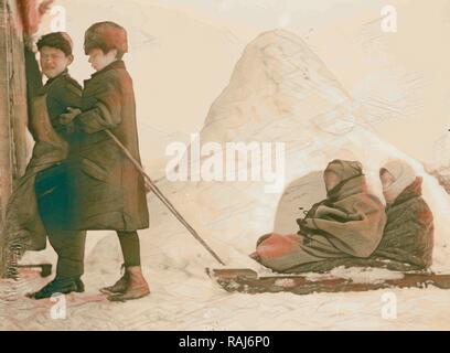 La neige à Jérusalem 1921 tirant les enfants les enfants sur un traîneau. 1921, en Israël. Repensé par Gibon. L'art classique avec un repensé Banque D'Images
