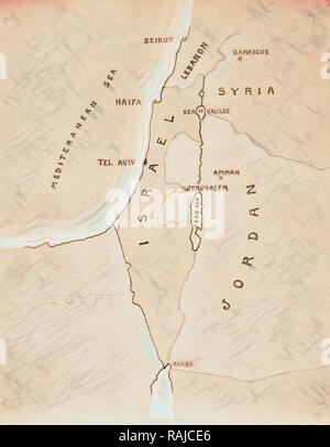 La Palestine et Israël, des sujets de 1953. 'Israël' et 'Jordan' carte comme en 1953. 1953. Repensé par Gibon. L'art classique repensé Banque D'Images