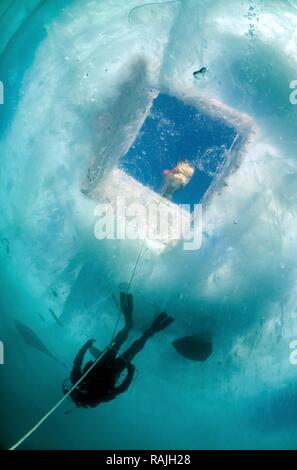 Diver, glaces, plongée dans le lac Baïkal, l'île Olkhon, Sibérie, Russie Banque D'Images
