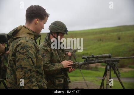 Le Sgt. Justin Adams, un moniteur avec 1 Division de Marines 'écoles Cours de tireur d'Pre-Scout' observe un soldat avec l'autodéfense japonaise lors d'une distance connue gamme réalisée à main de fer au cours de l'exercice 2017, à bord de Camp Pendleton, en Californie, 7 février 2017. La gamme se composait de distances connues d'objectifs de 100 à 550 mètres. Iron Fist est un annuel, exercice d'entraînement bilatéral où les membres des services américains et japonais s'entraînent ensemble et partager des techniques, tactiques et procédures pour améliorer leurs capacités opérationnelles. Banque D'Images