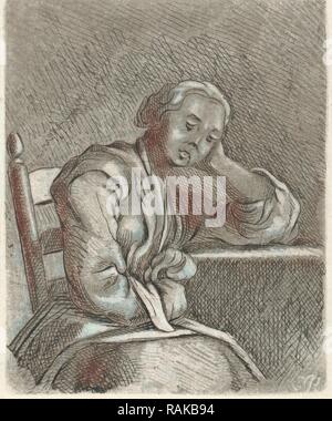 Jeune fille endormie à table, Caspar Jacobsz. Philips, 1752 - 1789. Repensé par Gibon. L'art classique avec une touche moderne repensé Banque D'Images