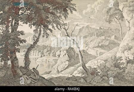 Paysage arcadien avec deux bergers, Johannes Glauber, 1656 - 1726. Repensé par Gibon. L'art classique avec un style moderne repensé Banque D'Images