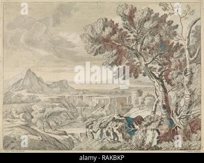 Paysage avec cascade et canyon, imprimer bouilloire : Johannes Glauber, Caspar David Friedrich, 1656 - 1726. Repensé Banque D'Images