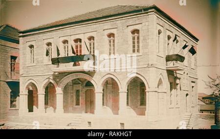 L'Université hébraïque et arabe de la visite de Lord Balfour, protestation des drapeaux noirs affichés. En 1925, Jérusalem, Israël. Repensé Banque D'Images