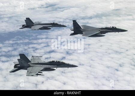 Un U.S. Air Force 44e Escadron de chasse F-15 Eagle et U.S. Navy Strike Fighter Squadron 27 et 102 (VFA-27, VFA-102) F/A-18 Super Hornet, attribué à Naval Air Facility Atsugi, au Japon, volent en formation lors d'une sortie de formation, 16 février 2017, sur l'océan Pacifique. La 44e FS, VFA-27 et VFA-102 flying together a marqué le premier combat aérien mixte entre formation et de l'USN les escadrons de chasse de l'USAF en poste au Japon. Banque D'Images