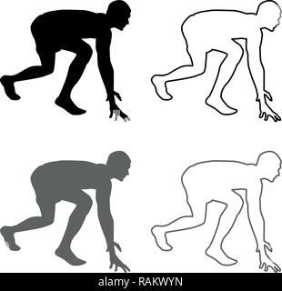 Runner Préparation au démarrage de l'exécution commencent à courir dans la posture de silhouette sprint prêt Prêt à démarrer icon set couleur gris noir vector illustrat Illustration de Vecteur