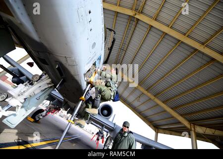 U.S. Air Force Grands Rox Kirkendall, un A-10 Thunderbolt II pilote désigné pour le 303e Escadron de chasse, monte dans son avion avant un vol local mission à Whiteman Air Force Base, Mo., le 14 février 2017. L'A-10 Thunderbolt II est le premier avion de l'Armée de l'air spécialement conçu pour l'appui aérien rapproché des forces terrestres. Ils sont simples, efficaces et autonomes des avions bi-moteurs qui peuvent être utilisées contre toutes les cibles au sol, y compris des chars et autres véhicules blindés. Banque D'Images