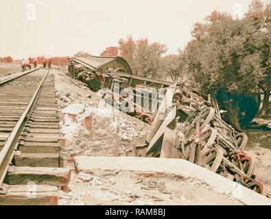 Les perturbations de la Palestine au cours de l'été 1936. Train déraillé à Kefr-Jenuis. 1936. Repensé par Gibon. L'art classique avec repensé Banque D'Images