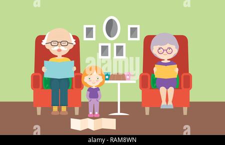 Salle de séjour, grand-mère et grand-père assis sur une chaise et de la lecture d'un petit-enfant du livre - vecteur, télévision cartoon Illustration de Vecteur